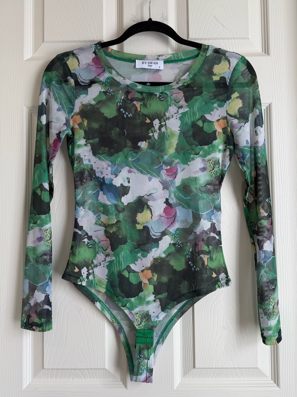 By Swan Paris Mesh Printed Bodysuit Size S | Abstract Floral Long Sleeve